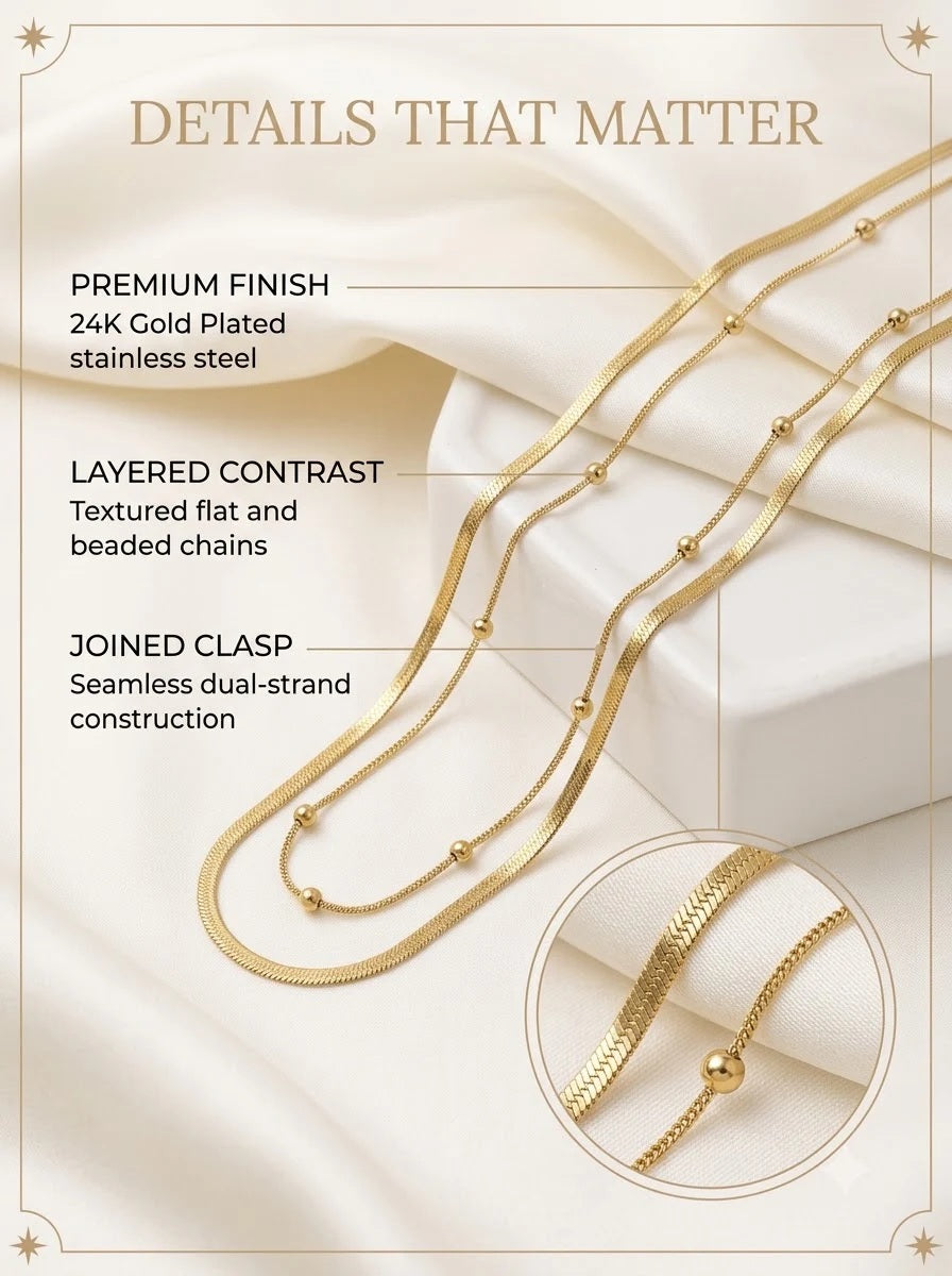 Syrenne Dual Chain detail: joined clasp and layered flat snake plus beaded chains