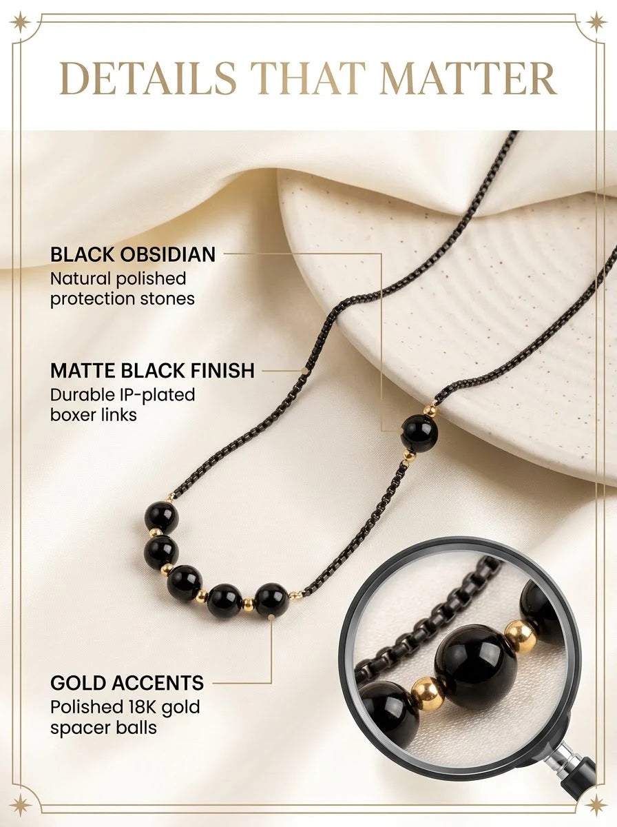 Nocturne Shield Chain detail: polished black obsidian beads with gold spacers