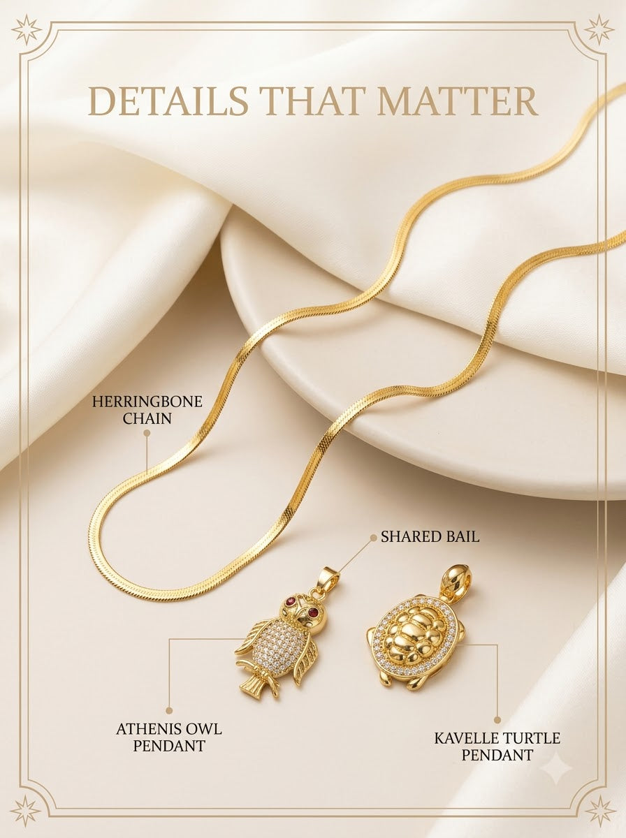Kavelle and Athenis Duo Set detail: owl pendant, turtle pendant, shared bail and herringbone chain