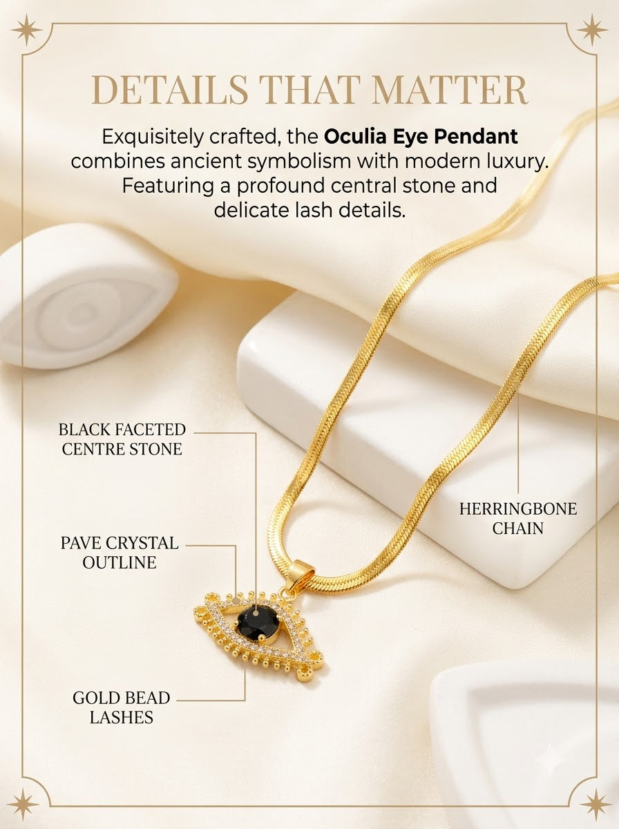 Oculia Eye Pendant detail: black faceted centre stone, pave crystal outline, gold bead lashes