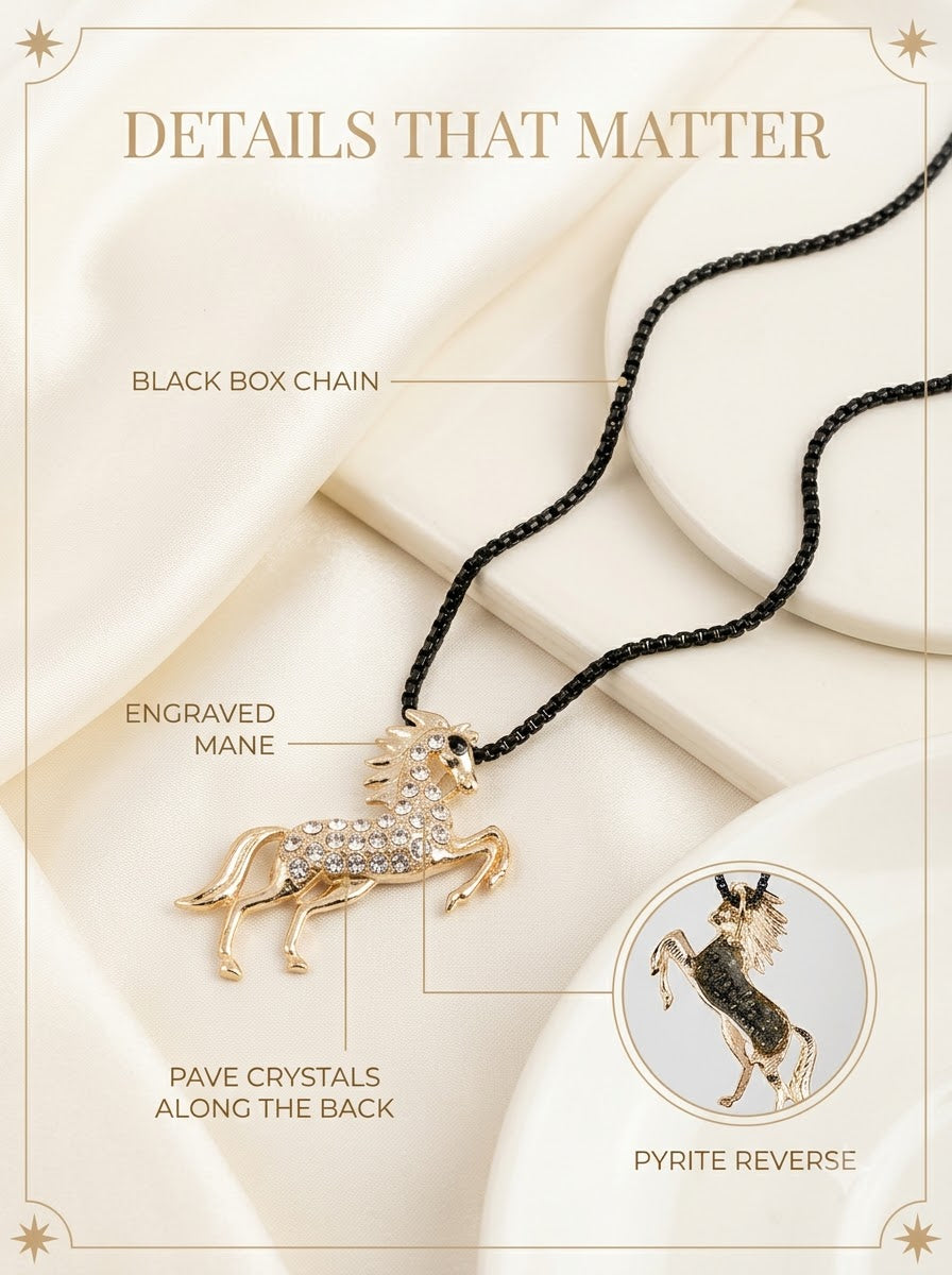 Aurion Stallion Pendant detail: engraved mane, crystals along the back, pyrite reverse and black box chain