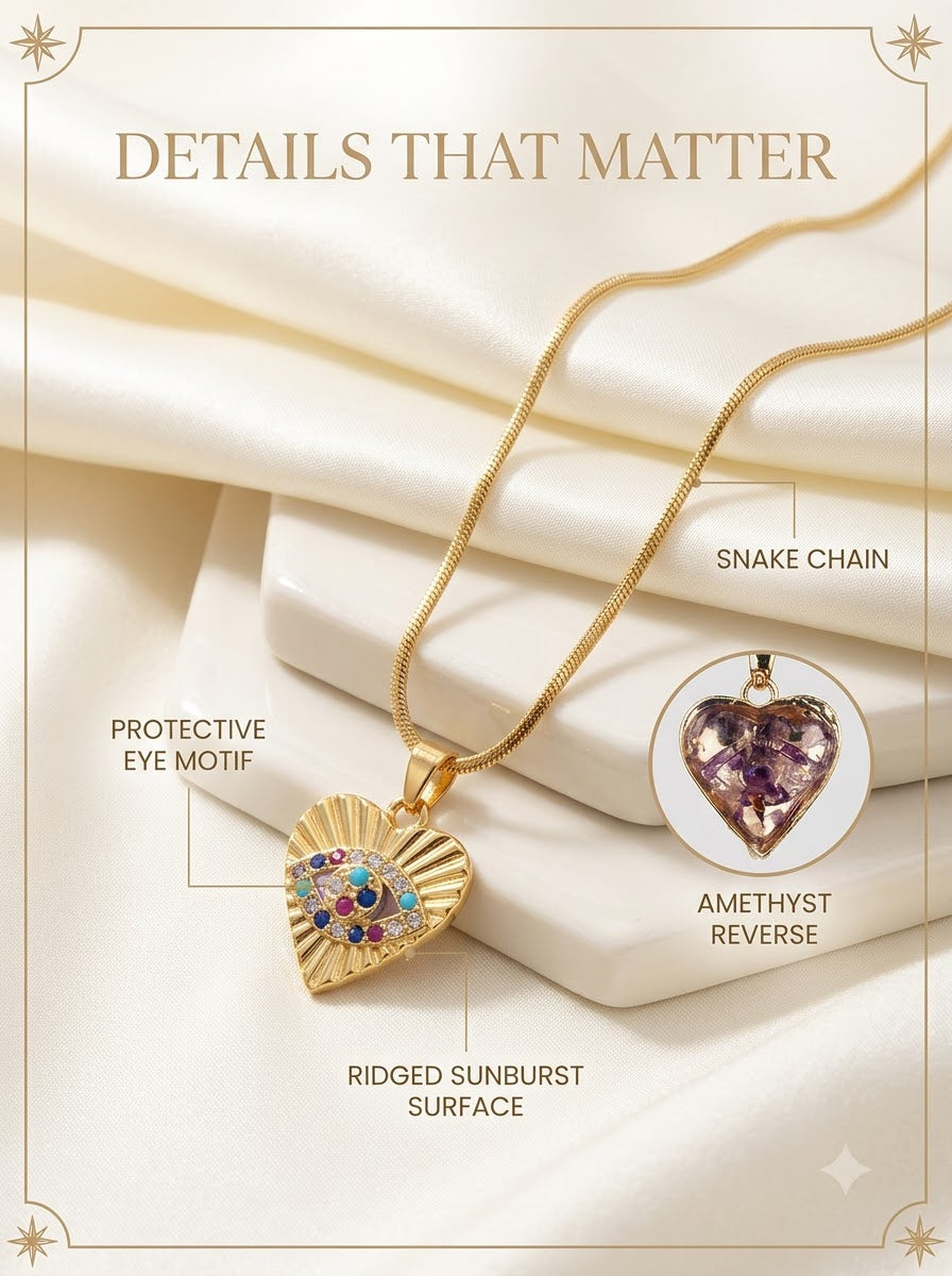 Amethia Eye Pendant detail: eye motif, ridged sunburst surface, amethyst reverse and snake chain