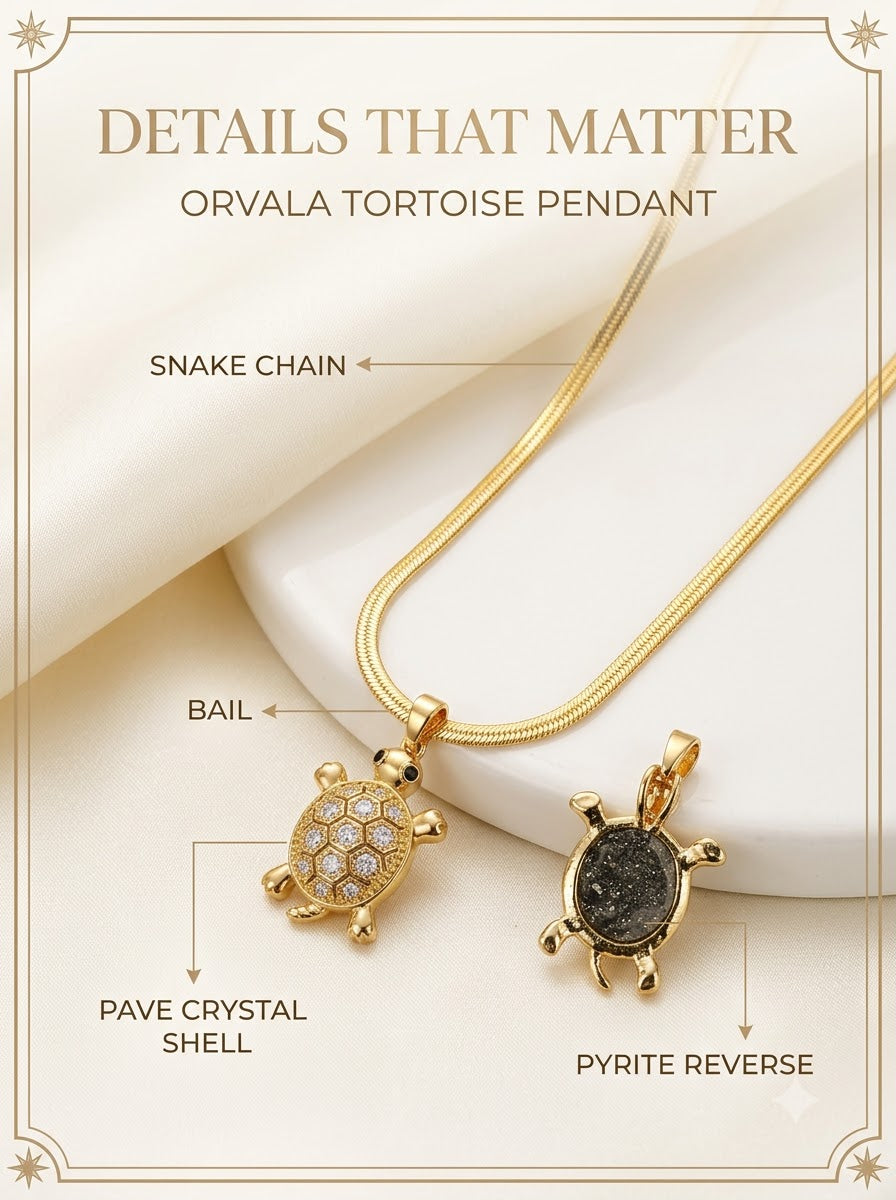 Orvala Tortoise Pendant detail: pave crystal shell, pyrite reverse, bail and snake chain