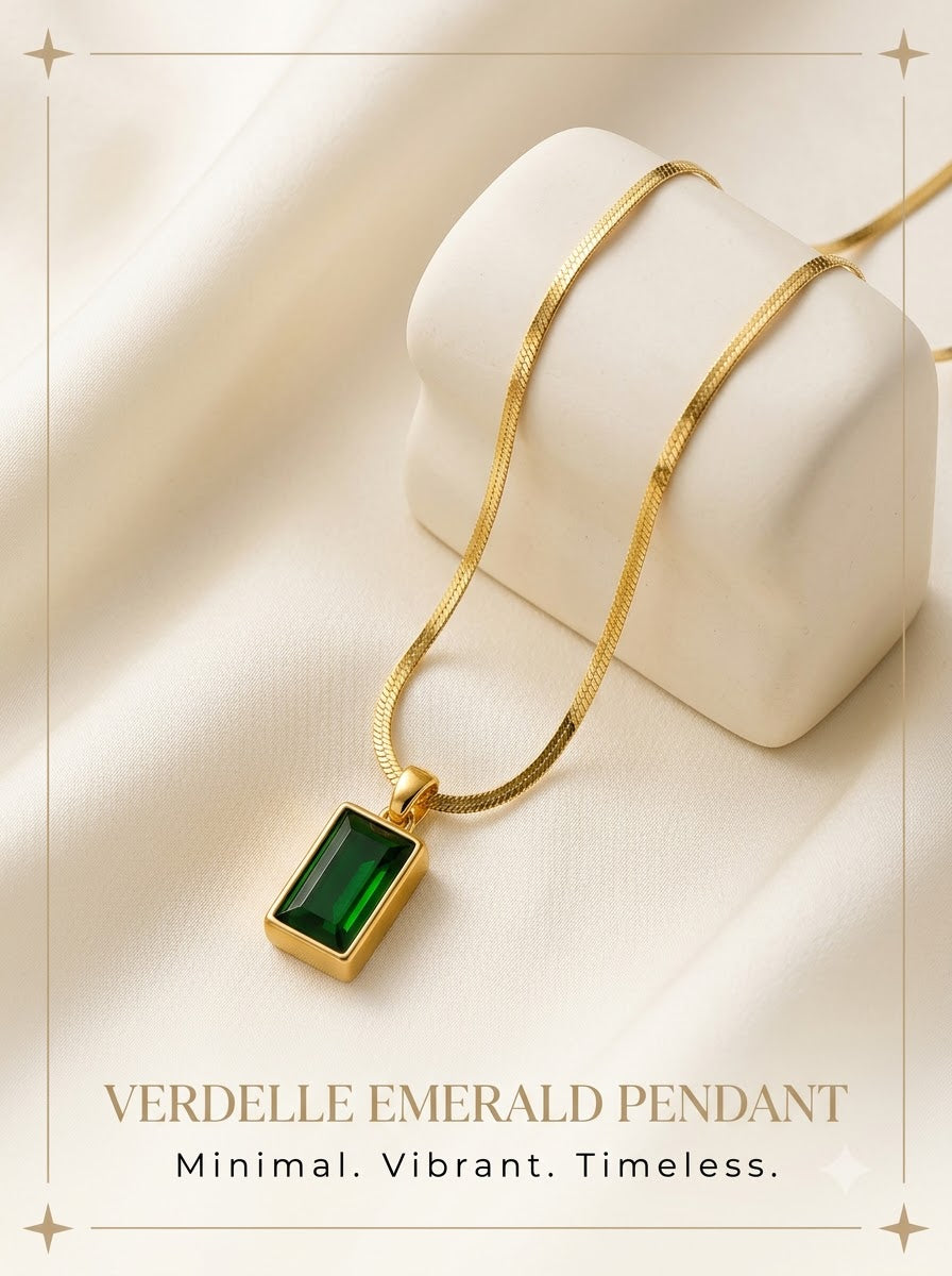 Verdelle Emerald Pendant 24k gold tone rectangular emerald green stone