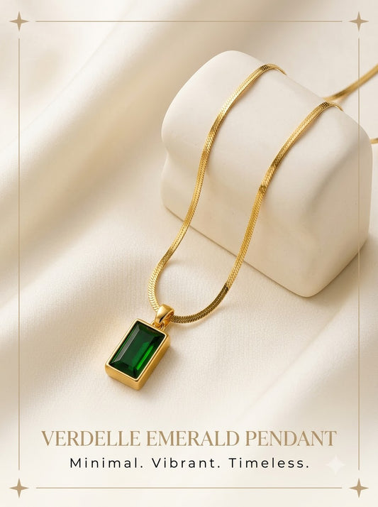Verdelle Emerald Pendant 24k gold tone rectangular emerald green stone