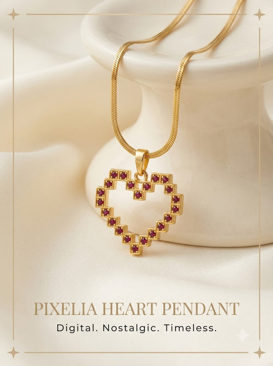 Pixelia Heart Pendant 24k gold tone pixel heart with red crystals