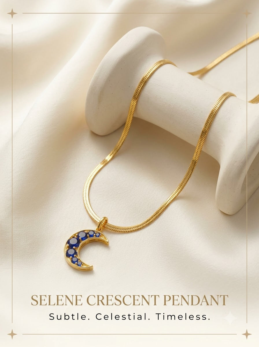 Selene Crescent Pendant 24k gold tone crescent moon with blue quartz