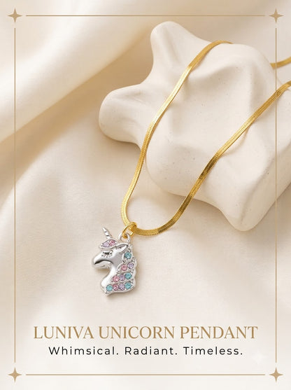 Luniva Unicorn Pendant silver unicorn head with pastel crystal mane on a gold chain