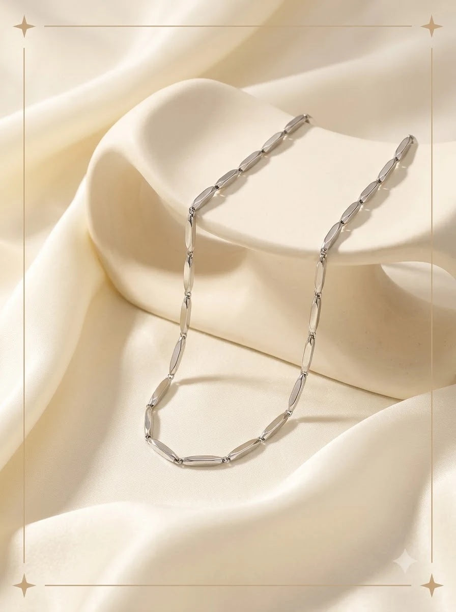 Vivare Silver Chain faceted silver rice bar link necklace