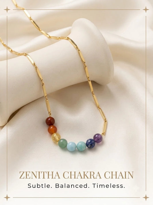 Zenitha Chakra Chain 24k gold tone rice chain with seven chakra gemstones