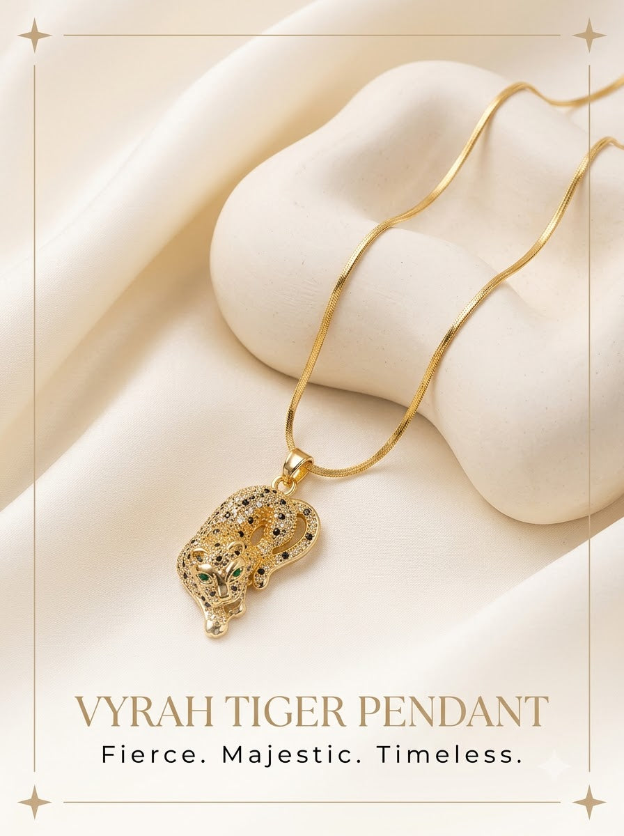 Vyrah Tiger Pendant 24k gold tone prowling tiger with black and clear pave