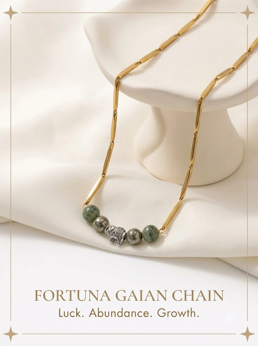 Fortuna Gaian Chain gold rice chain with green aventurine, pyrite and silver elephant charm
