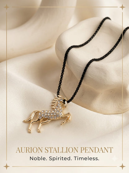Aurion Stallion Pendant gold prancing horse on a black box chain
