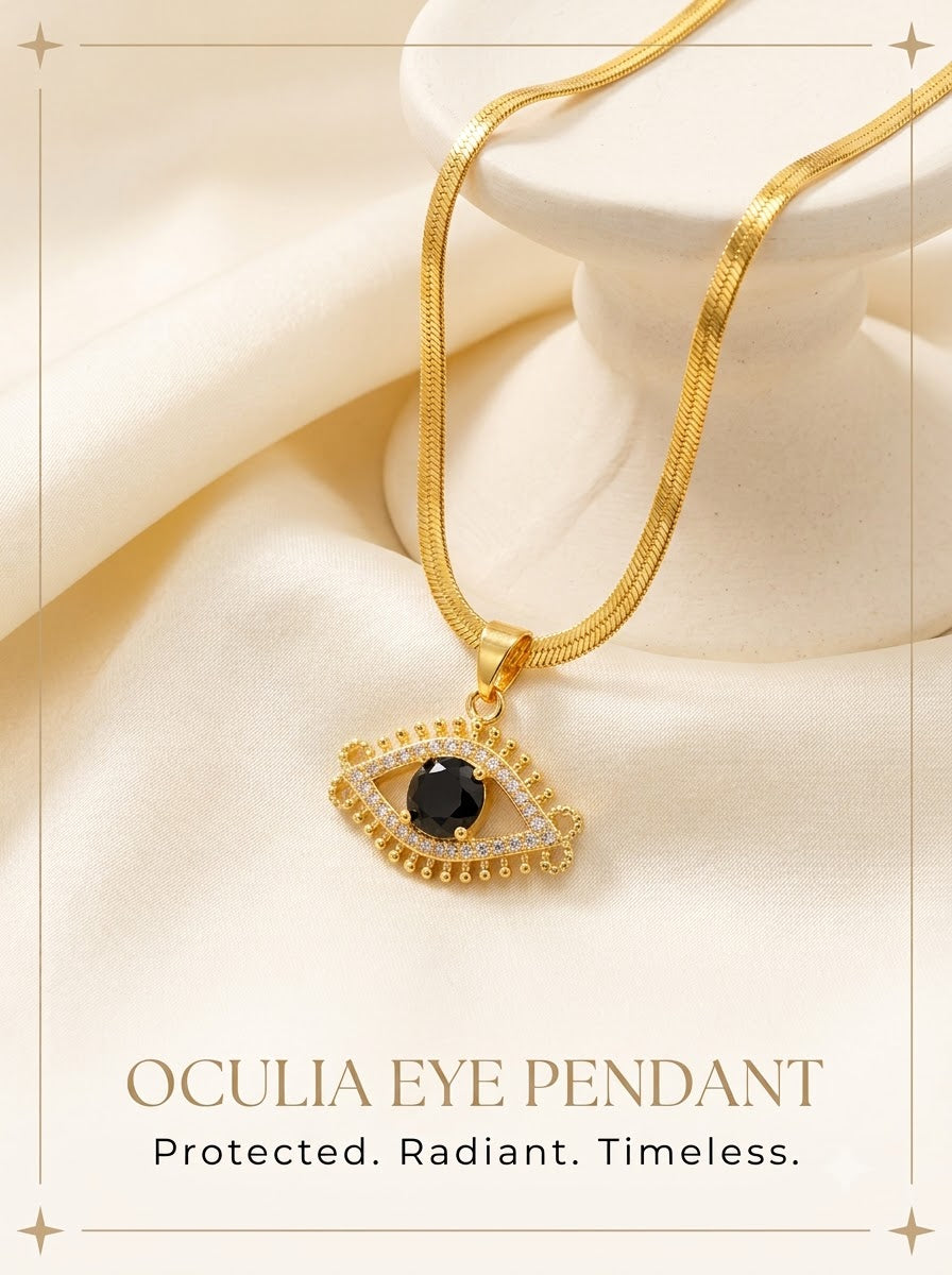 Oculia Eye Pendant 24k gold tone evil eye with black faceted stone