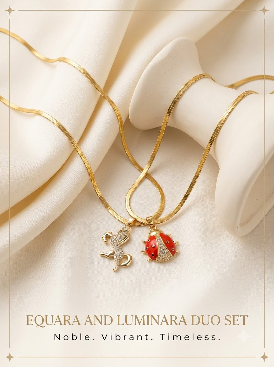 Equara and Luminara Duo Set stallion and ladybug pendants on a gold herringbone chain