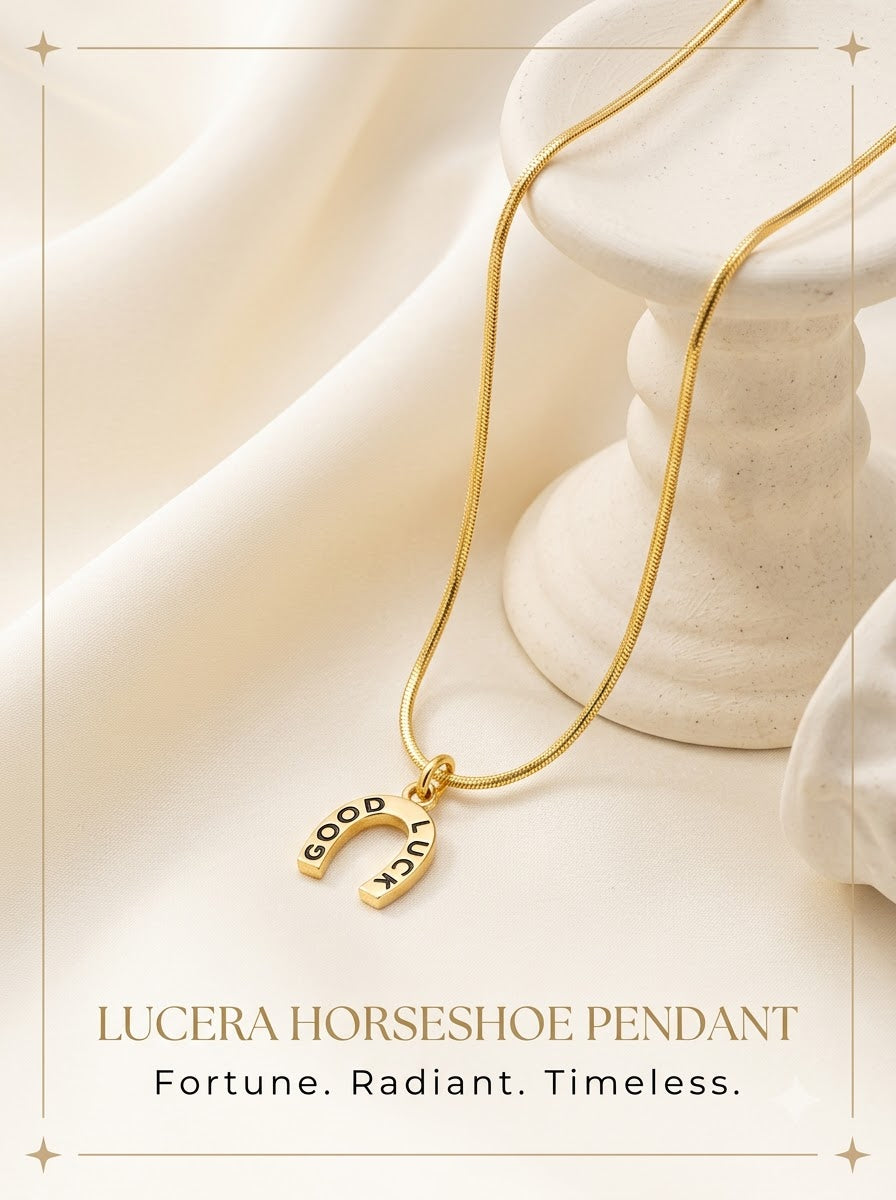 Lucera Horseshoe Pendant 24k gold tone horseshoe with GOOD LUCK lettering