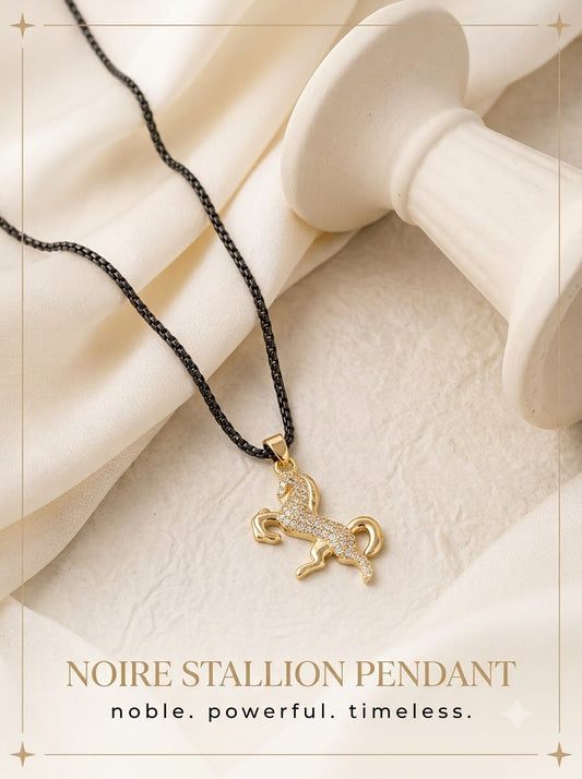 Noire Stallion Pendant gold rearing horse on a black box chain