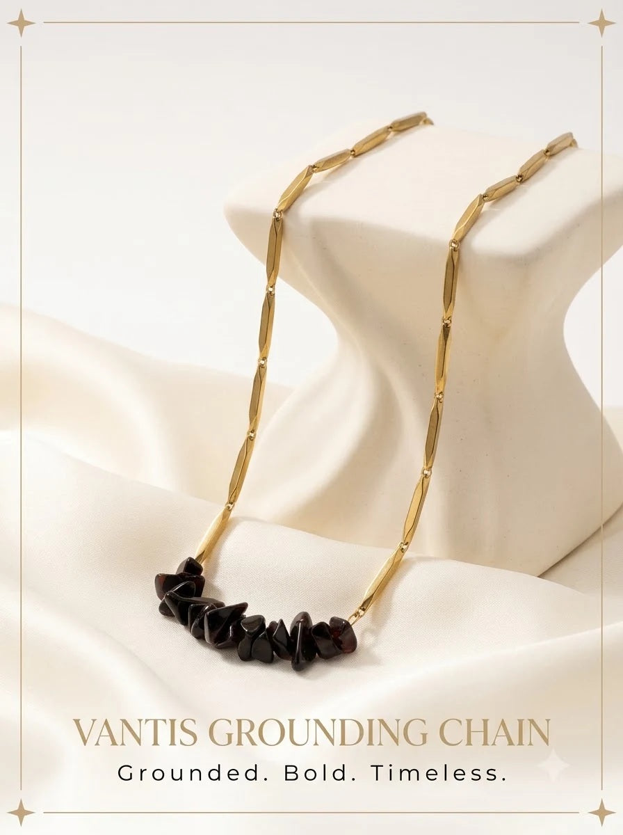 Vantis Grounding Chain 24k gold tone rice chain with raw black obsidian chips