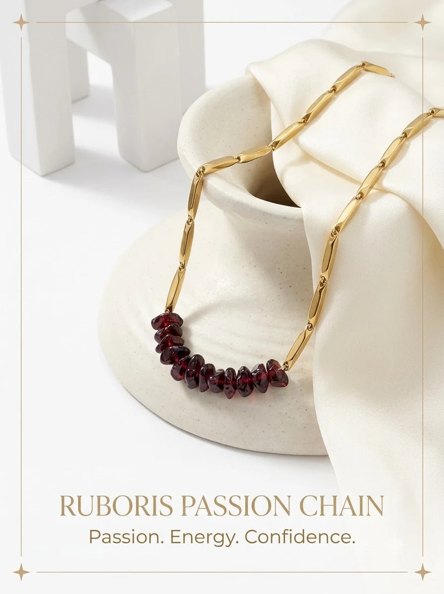 Ruboris Passion Chain 24k gold tone rice chain with natural garnet chips