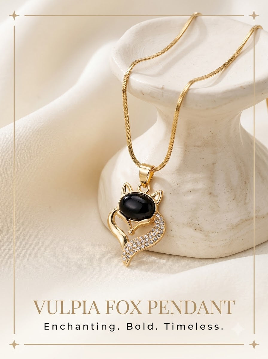 Vulpia Fox Pendant 24k gold tone fox with black obsidian face