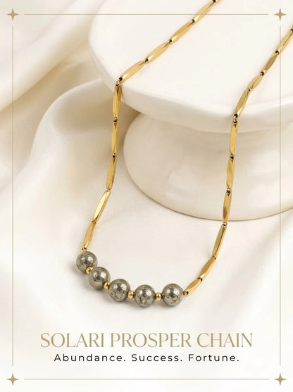 Solari Prosper Chain 24k gold tone rice chain with natural pyrite beads