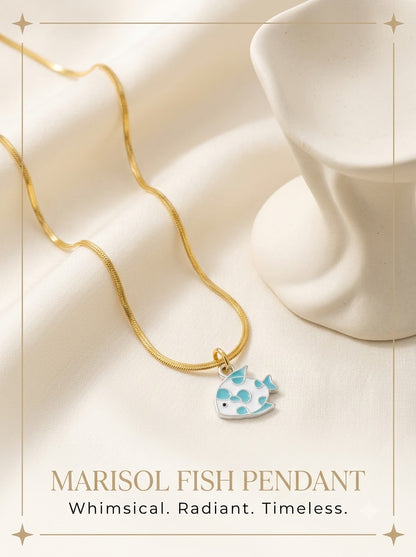 Marisol Fish Pendant turquoise and white enamel fish on a gold snake chain