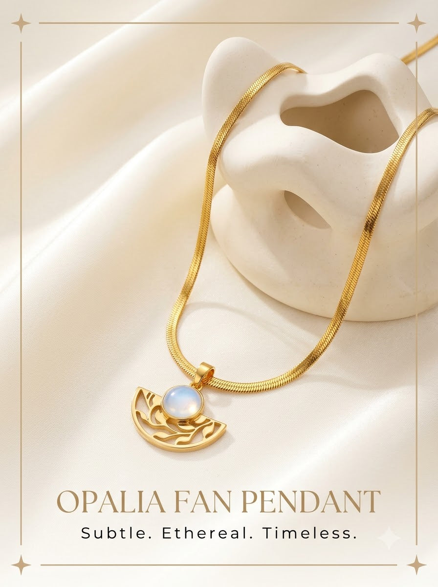 Opalia Fan Pendant 24k gold tone fan with opalite cabochon