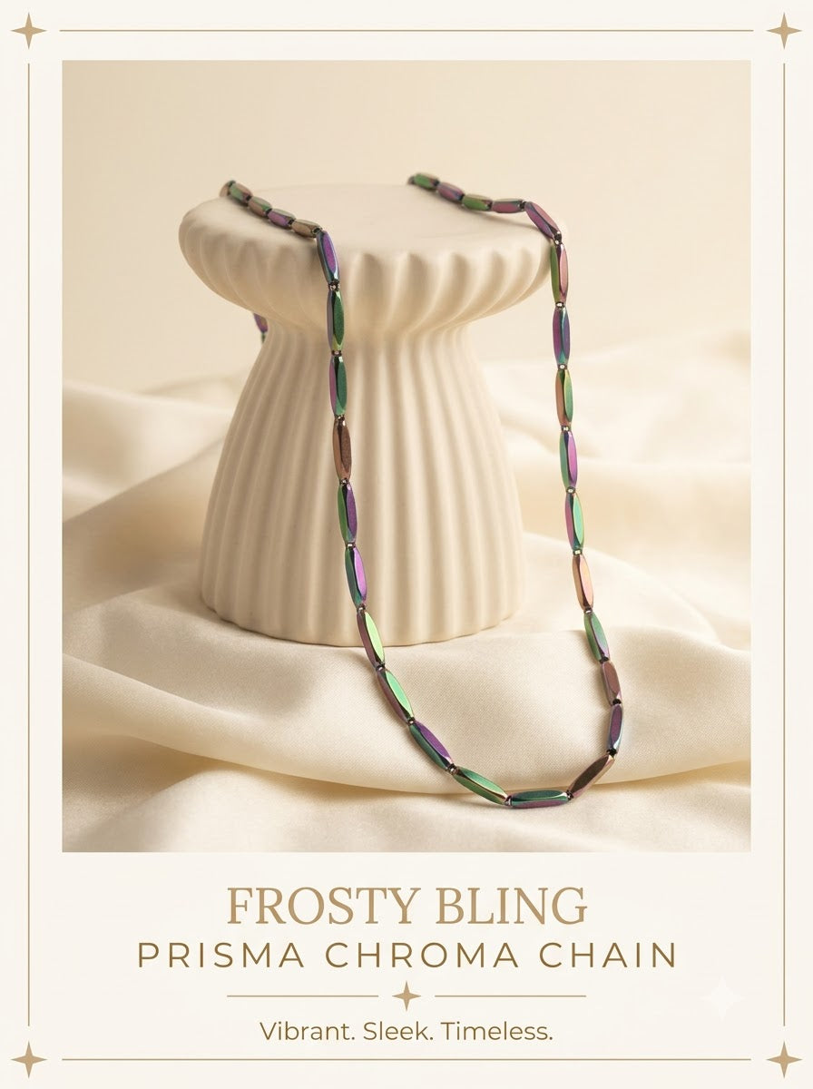 Prisma Chroma Chain iridescent rainbow rice bar link necklace