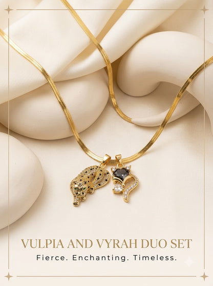 Vulpia and Vyrah Duo Set fox and tiger pendants on a gold herringbone chain