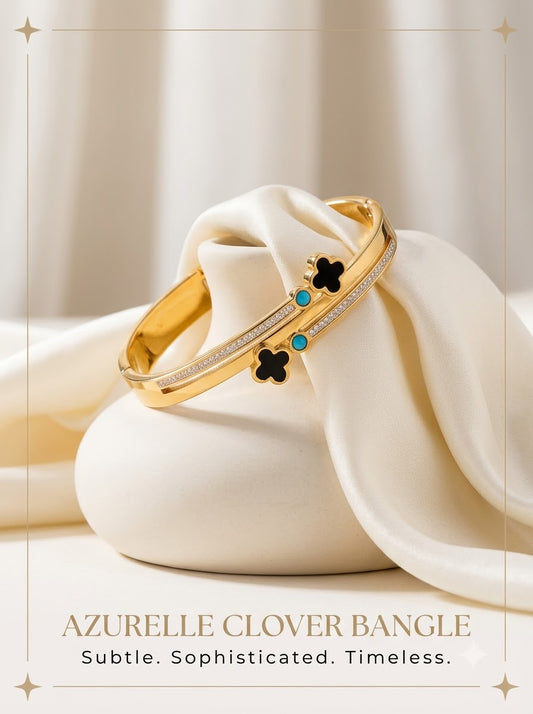 Azurelle Clover Bangle 18k gold tone bangle with black clover and turquoise