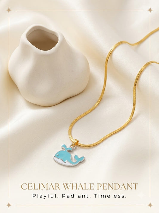 Celimar Whale Pendant turquoise and white enamel whale on a gold snake chain