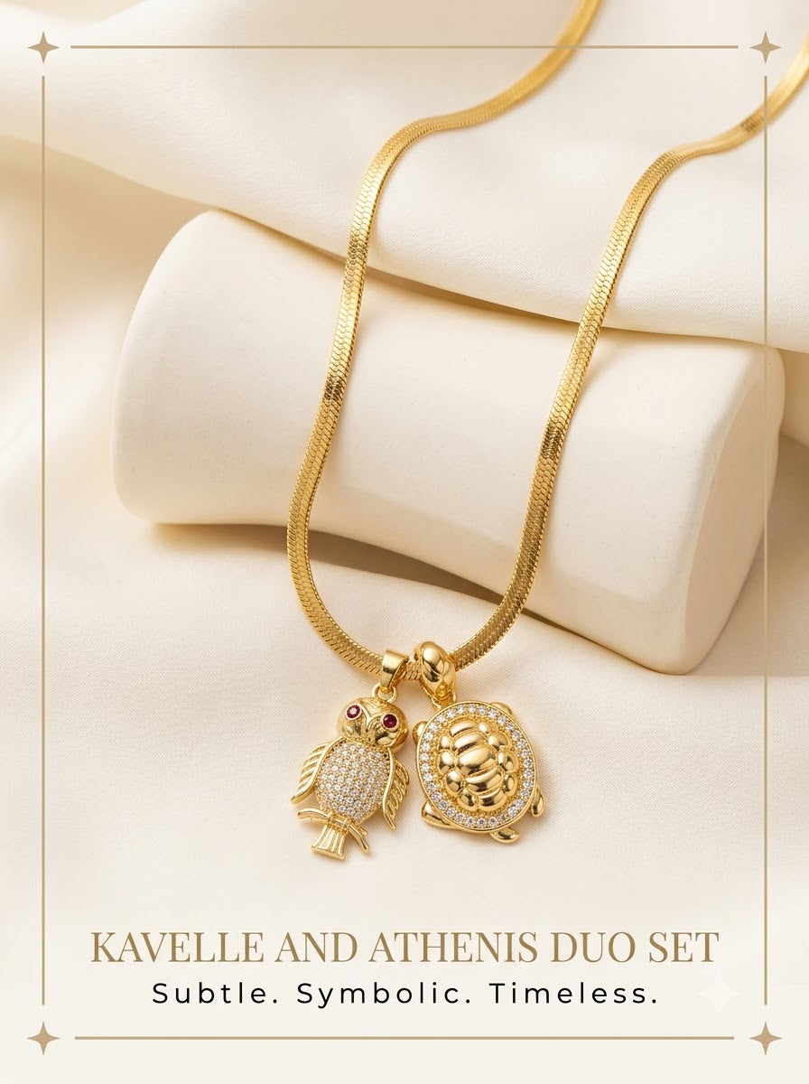 Kavelle and Athenis Duo Set owl and turtle pendants on a gold herringbone chain