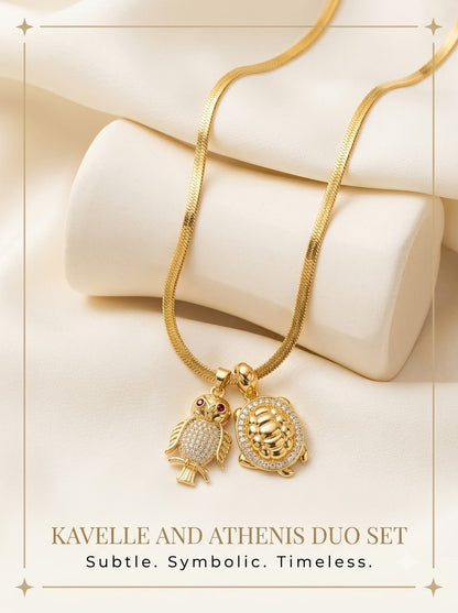 Kavelle and Athenis Duo Set owl and turtle pendants on a gold herringbone chain