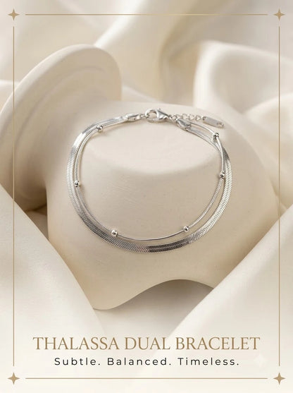 Thalassa Dual Bracelet layered silver flat snake and beaded satellite bracelet