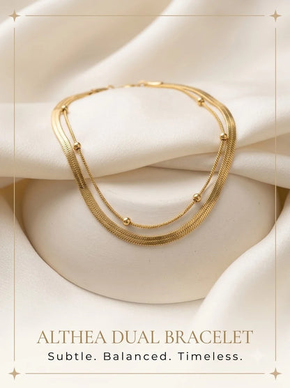 Althea Dual Bracelet layered gold flat snake and beaded satellite bracelet