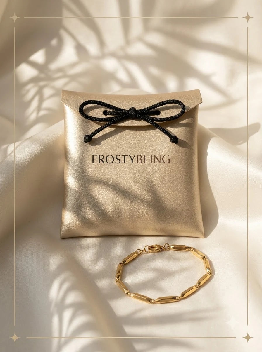 Vandara Bar Bracelet in the Frosty Bling champagne-gold gift pouch