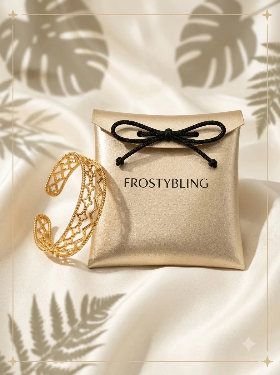 Arcadia Lattice Cuff in the Frosty Bling champagne-gold gift pouch