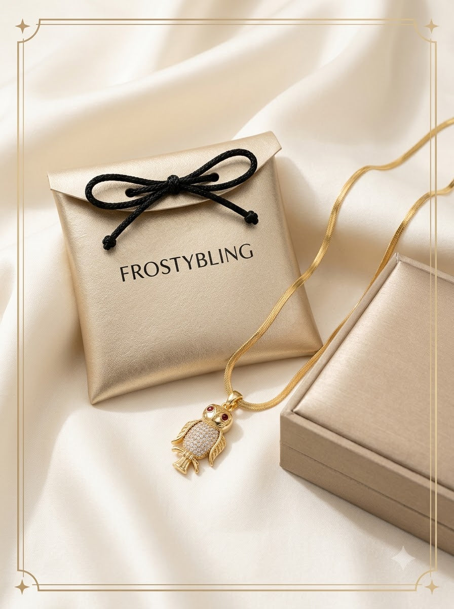 Athenis Owl Pendant in the Frosty Bling champagne-gold gift pouch
