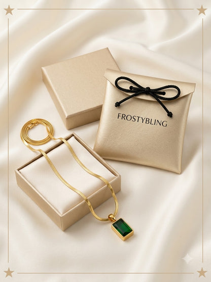 Verdelle Emerald Pendant in the Frosty Bling champagne-gold gift pouch