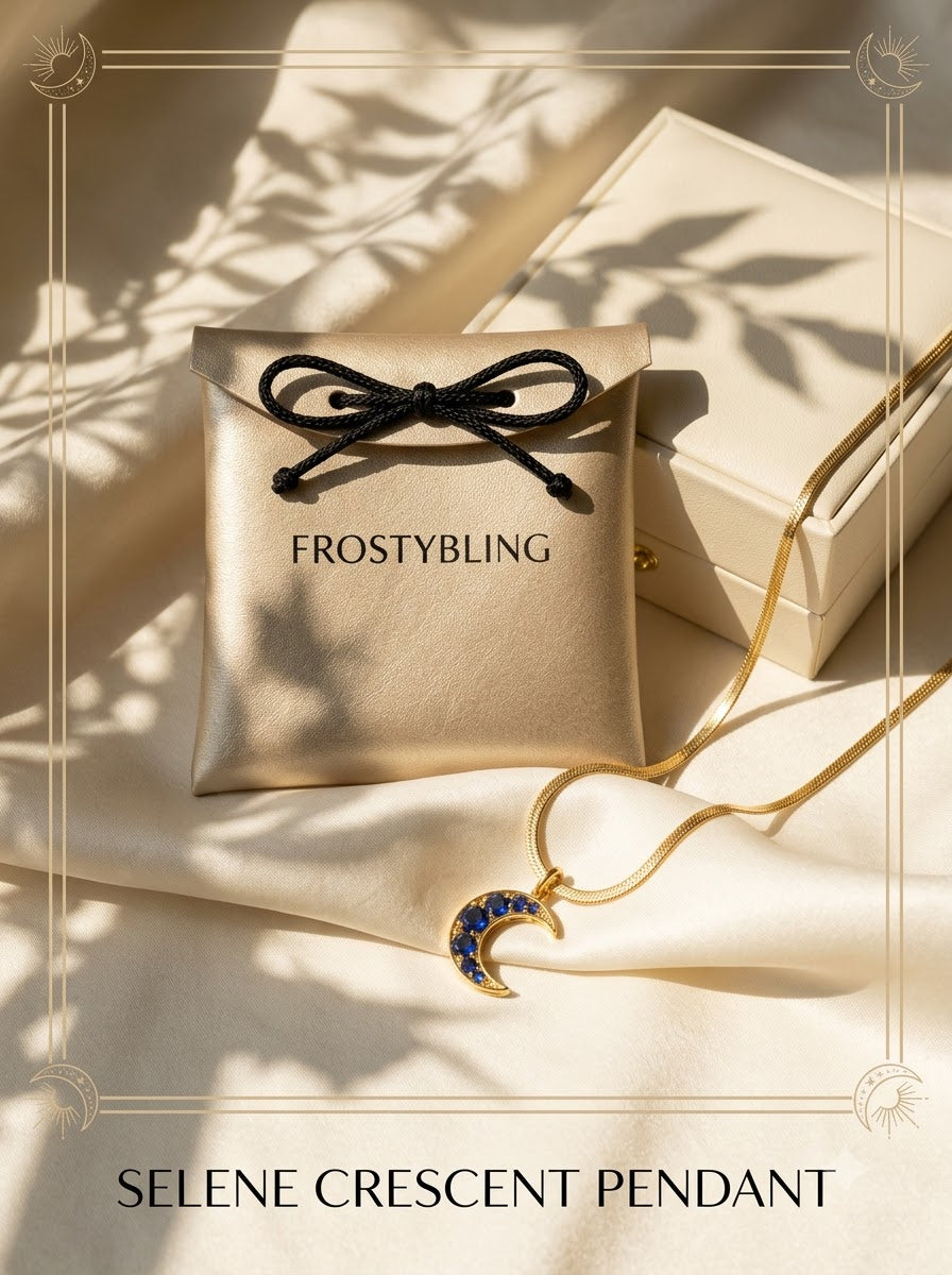 Selene Crescent Pendant in the Frosty Bling champagne-gold gift pouch