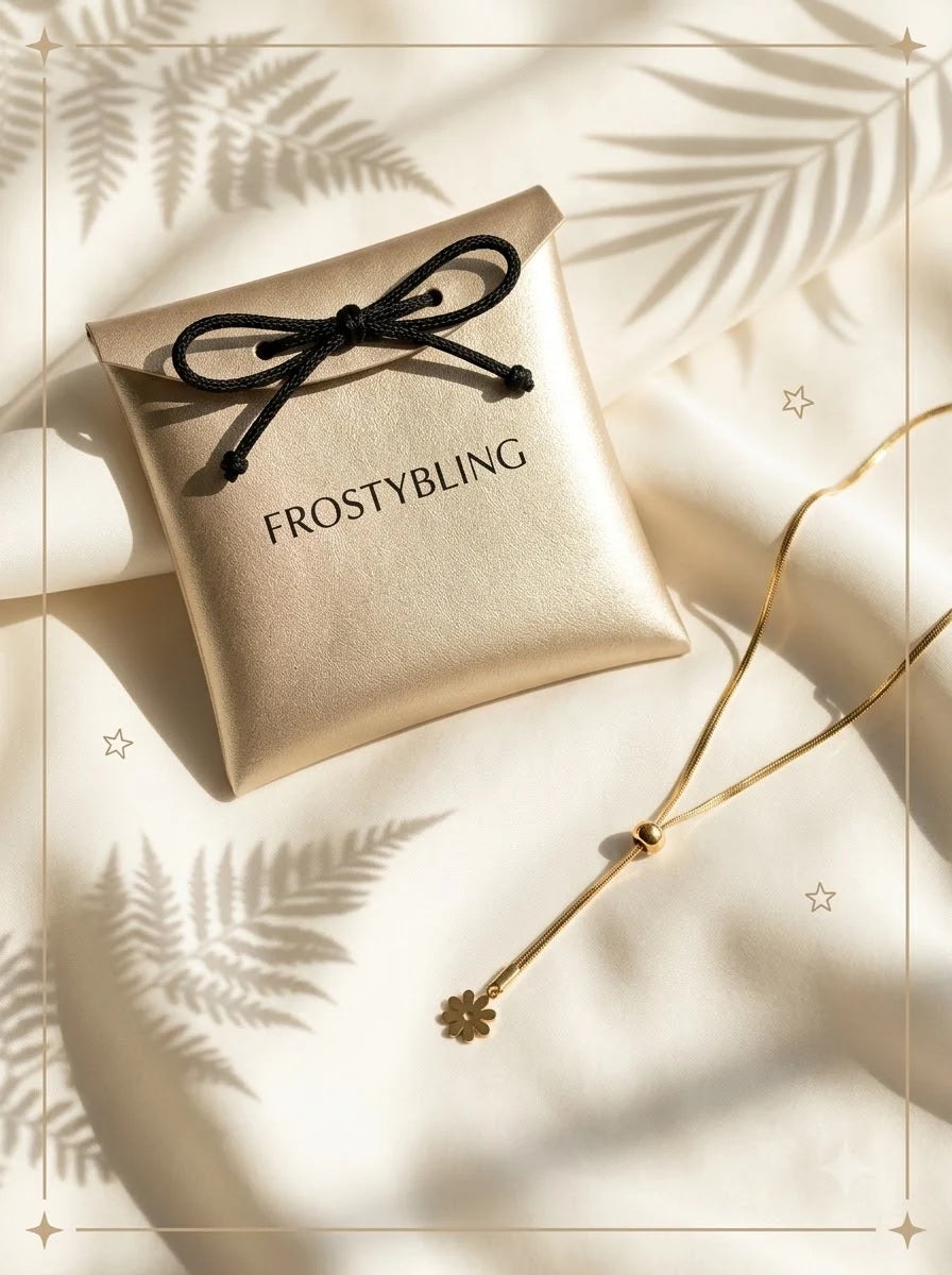 Florelle Lariat in the Frosty Bling champagne-gold gift pouch