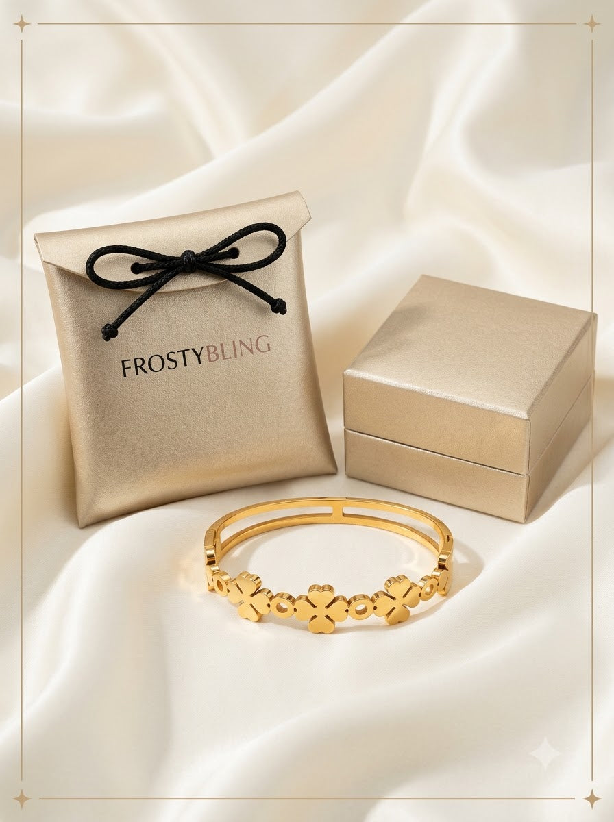 Trefolia Bloom Bangle in the Frosty Bling champagne-gold gift pouch