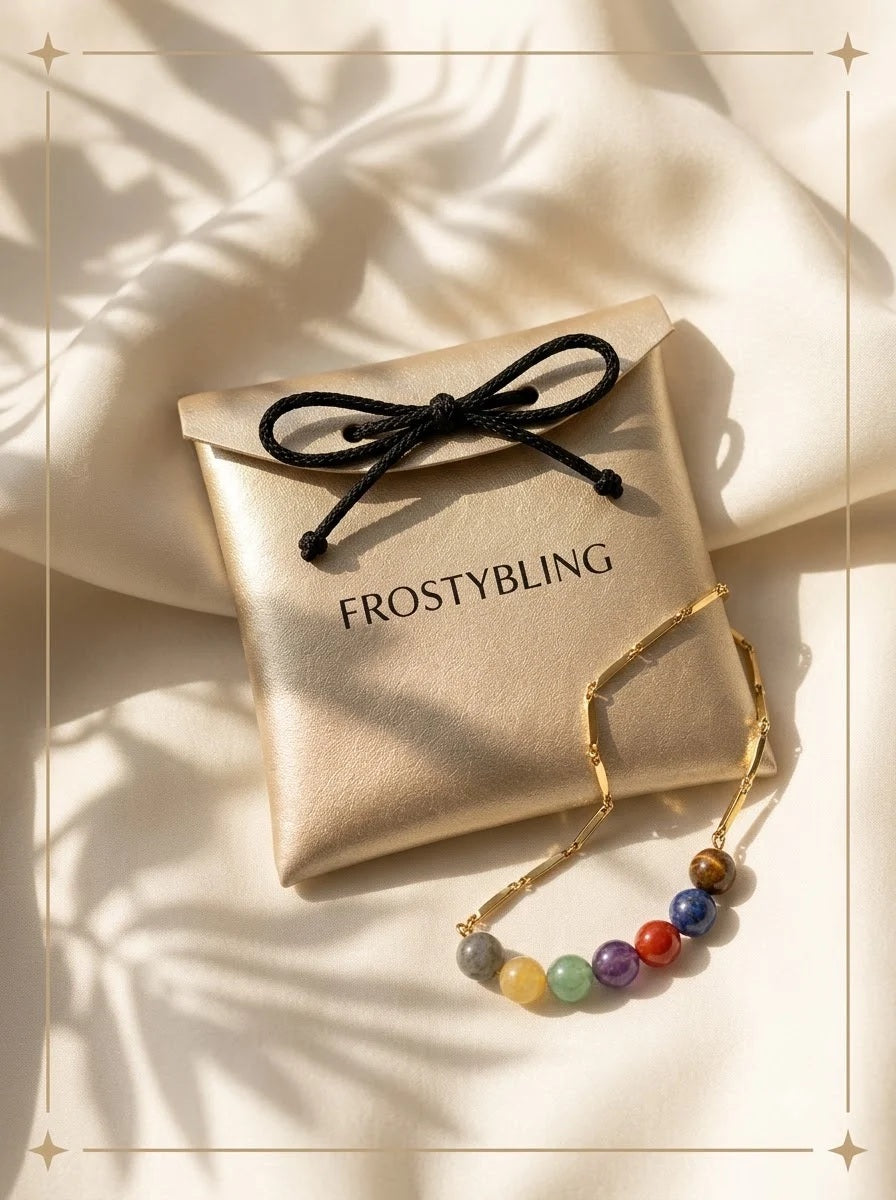 Zenitha Chakra Chain in the Frosty Bling champagne-gold gift pouch