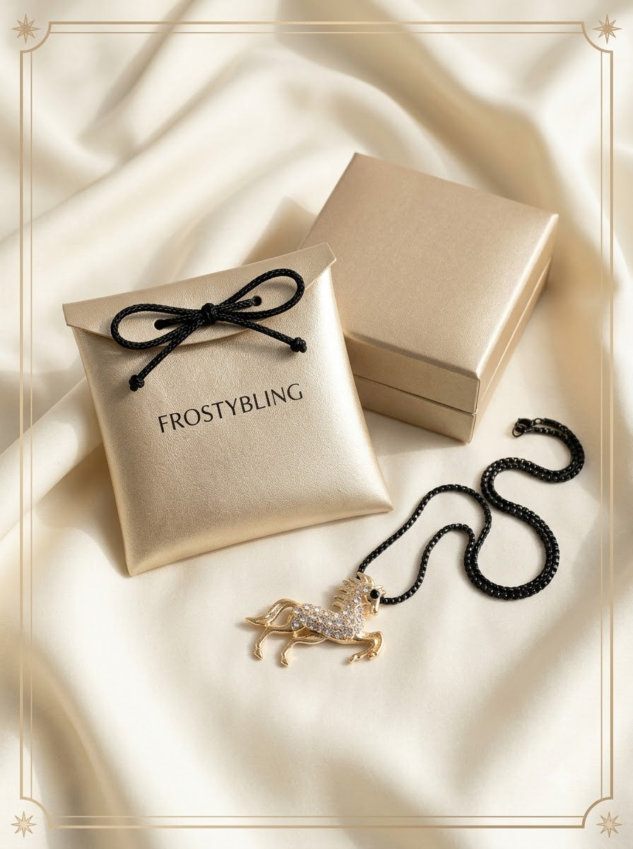 Aurion Stallion Pendant in the Frosty Bling champagne-gold gift pouch