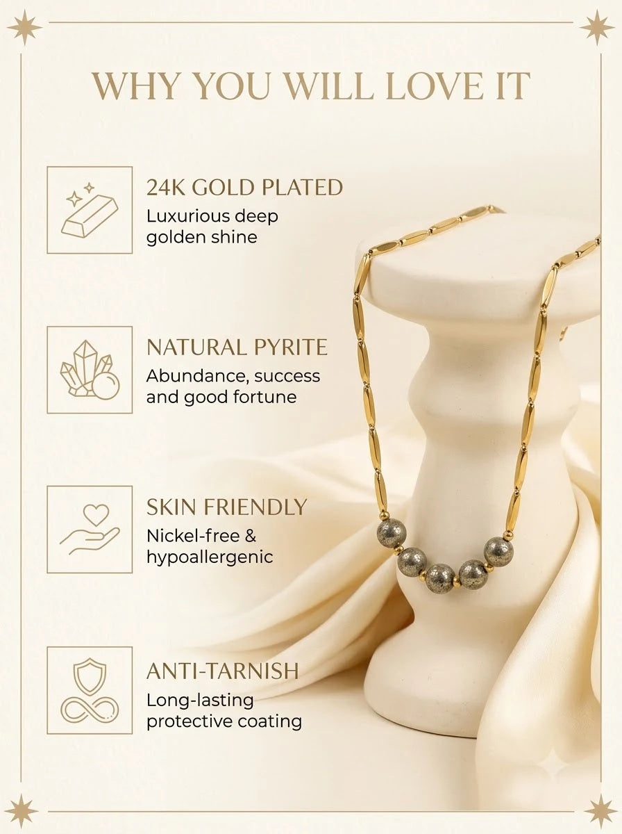 Solari Prosper Chain features: 24k gold plated, natural pyrite, skin friendly, anti-tarnish