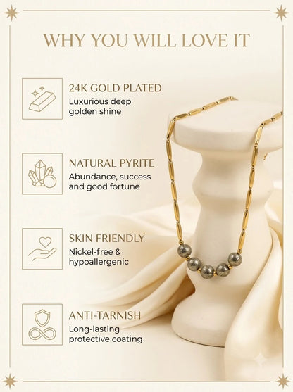 Solari Prosper Chain features: 24k gold plated, natural pyrite, skin friendly, anti-tarnish