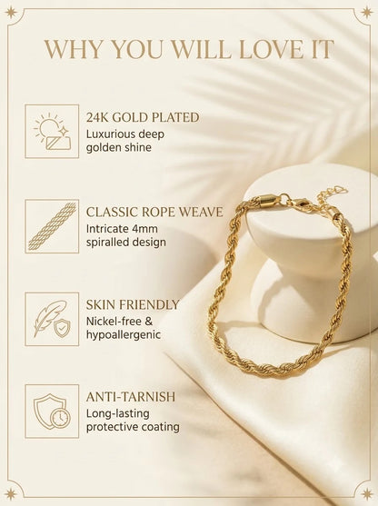 Lyrian Rope Bracelet features: 24k gold plated, classic rope weave, skin friendly, anti-tarnish