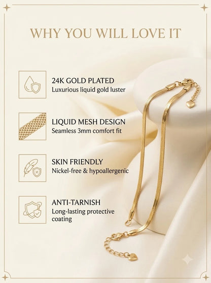 Glysse Liquid Bracelet features: 24k gold plated, liquid mesh design, skin friendly, anti-tarnish