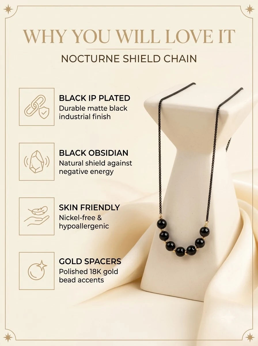 Nocturne Shield Chain features: black IP plated, black obsidian, gold spacers, skin friendly