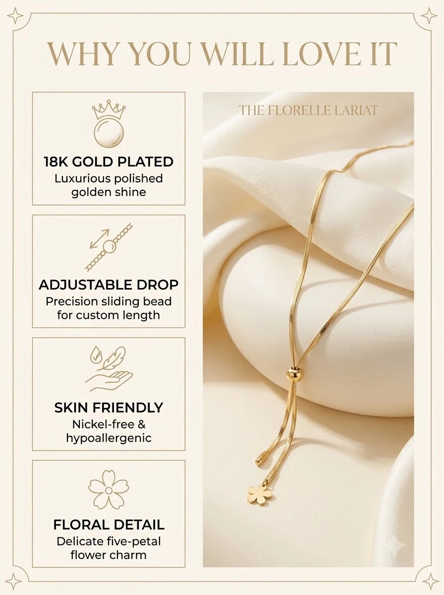Florelle Lariat features: 18k gold plated, adjustable drop, skin friendly, floral detail